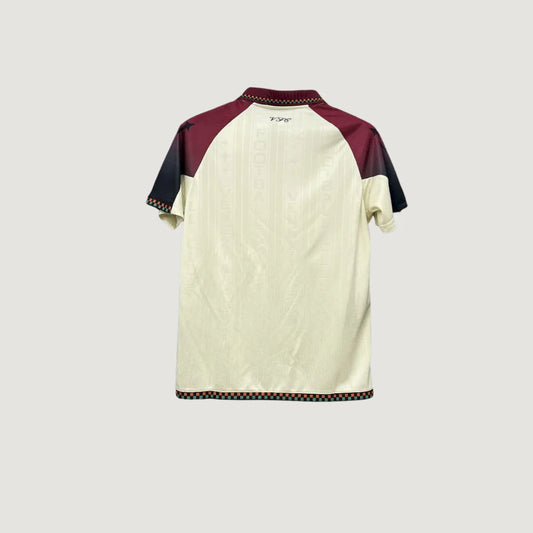 Dos de maillot de foot beige et bordeaux, manches courtes, col classique, fond uni