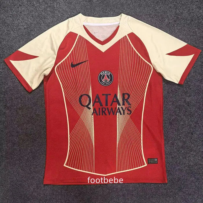 Maillot de foot PSG concept 2025-2026 rouge et beige, logo Paris, sponsor Qatar Airways.