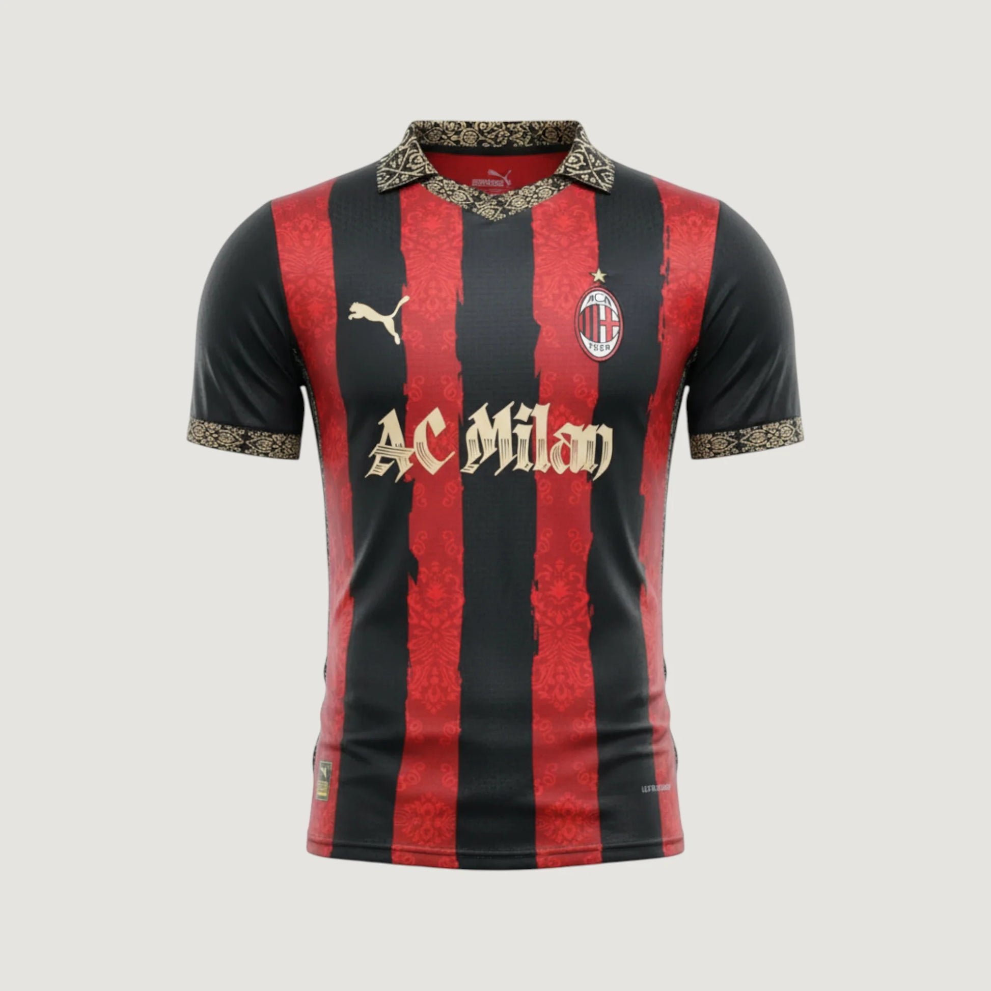 Maillot de foot AC Milan rouge et noir avec détails dorés, col et manches ornés.
